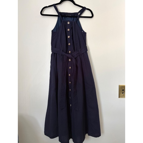 Central Park West Dresses & Skirts - Central Park West Navy Blue Linen Blend Halter Button Front Midi Dress Sz XS